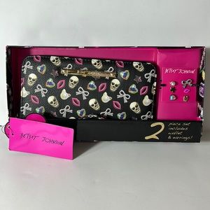 NWT Betsey Johnson Skull Hearts Lips Wallet And Earrings